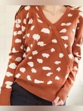Rust Printed Wrap-Style V-Neck Sweater - Women's